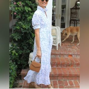 Julia Amory Blue and White Clambake JA Dress With puff sleeve and shells S